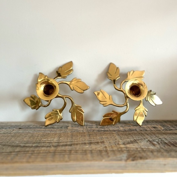 Brass leaf base candlesticks set 2 - Picture 3 of 6